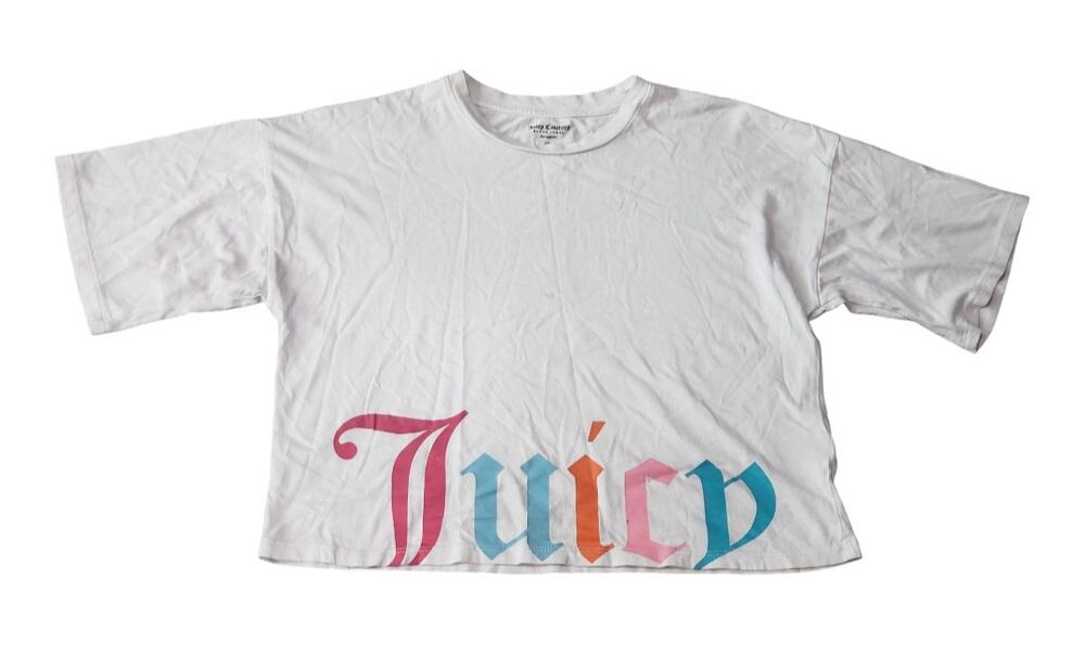 Juicy Couture White Gothic Logo Oversized Crop Boxy Short Sleeve Shirt Top Small